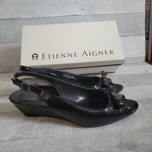 Etienne Aigner Black Patent Leather Slingback Wedge Heels Bow Womens Size 10